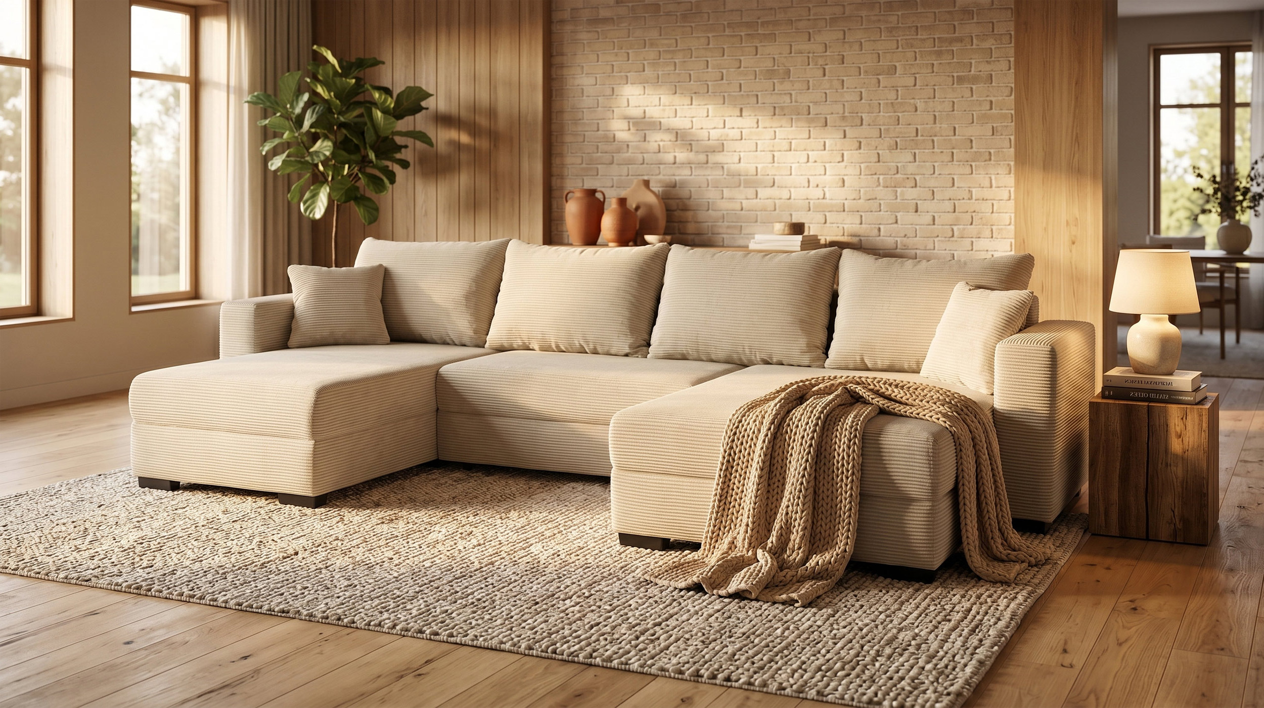 Wohnlandschaft mit Schlaffunktion Cord grau-beige 342 cm - SELMA